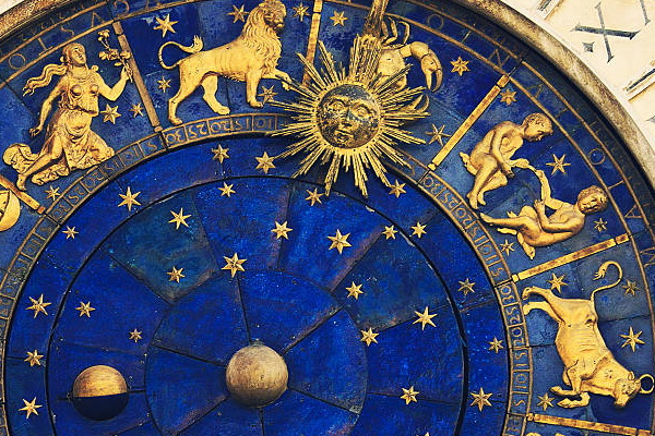 venetian clock showing zodiac (virgo, leo, cancer, gemini, taurus)