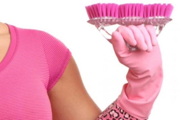 lady dressed in pink ready to clean